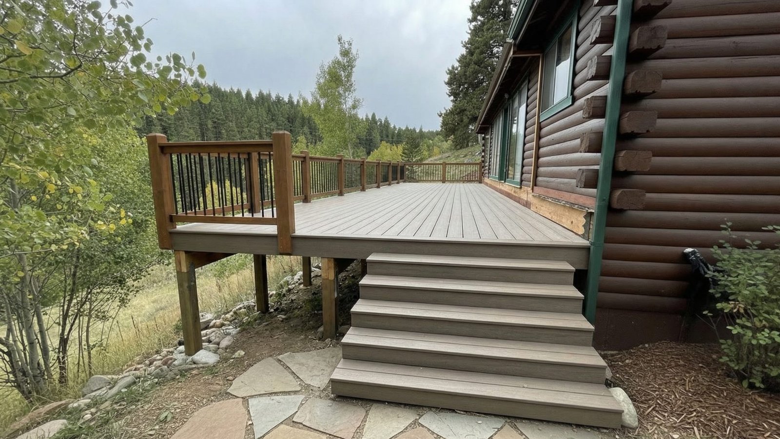 Completed composite deck and stairs at a foothills home near Highlands Ranch